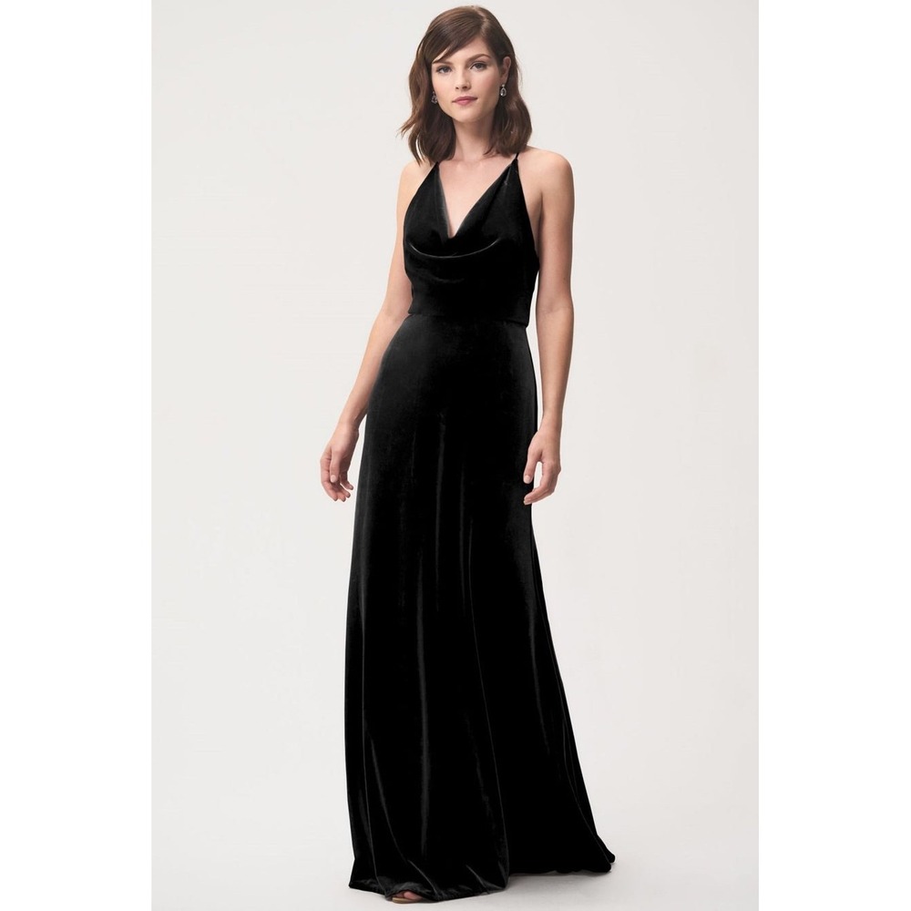 Jenny Yoo Collection Black Velvet Cowl Neck Spaghetti Strap Maxi Dress Size 0‎